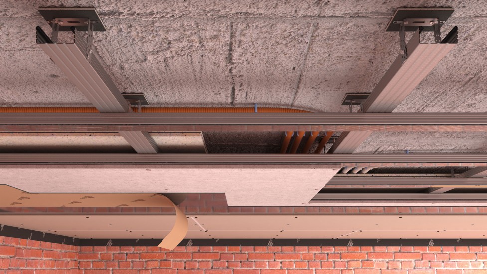 Разрез звукоизоляции потолка на двухуровневом каркасе с использованием звукоизоляции динбарьер
