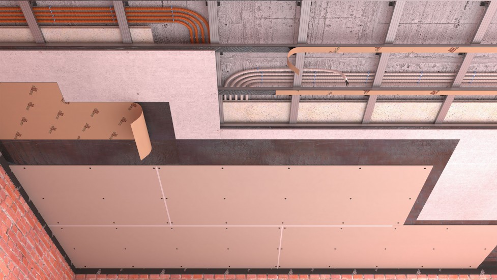 Общий вид конструкции шумоизоляции потолка на двухуровневом каркасе с применением материалов dinbarrier