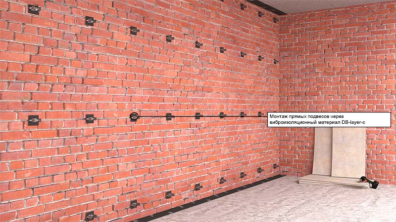 Монтаж прямых подвесов при звукоизоляции стен