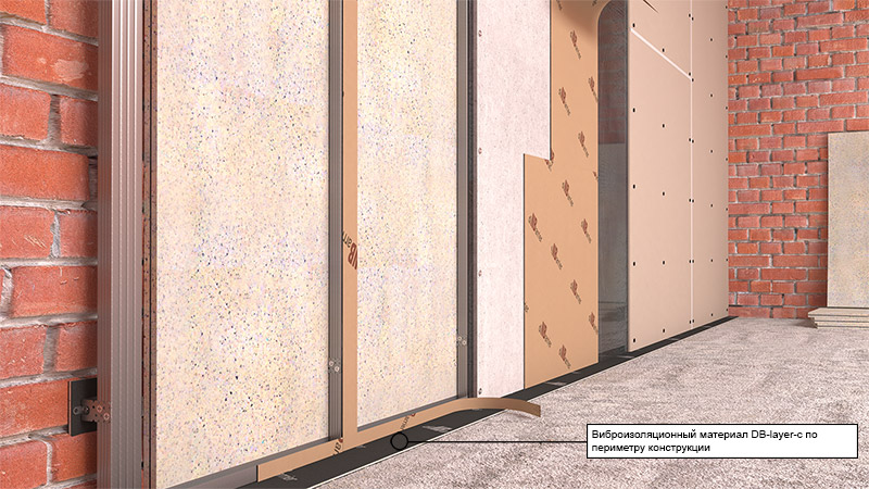 Примыкание шумоизоляционной конструкции стен к смежным поверхностям (шумоизоляция Dinbarrier "Стена стандарт")